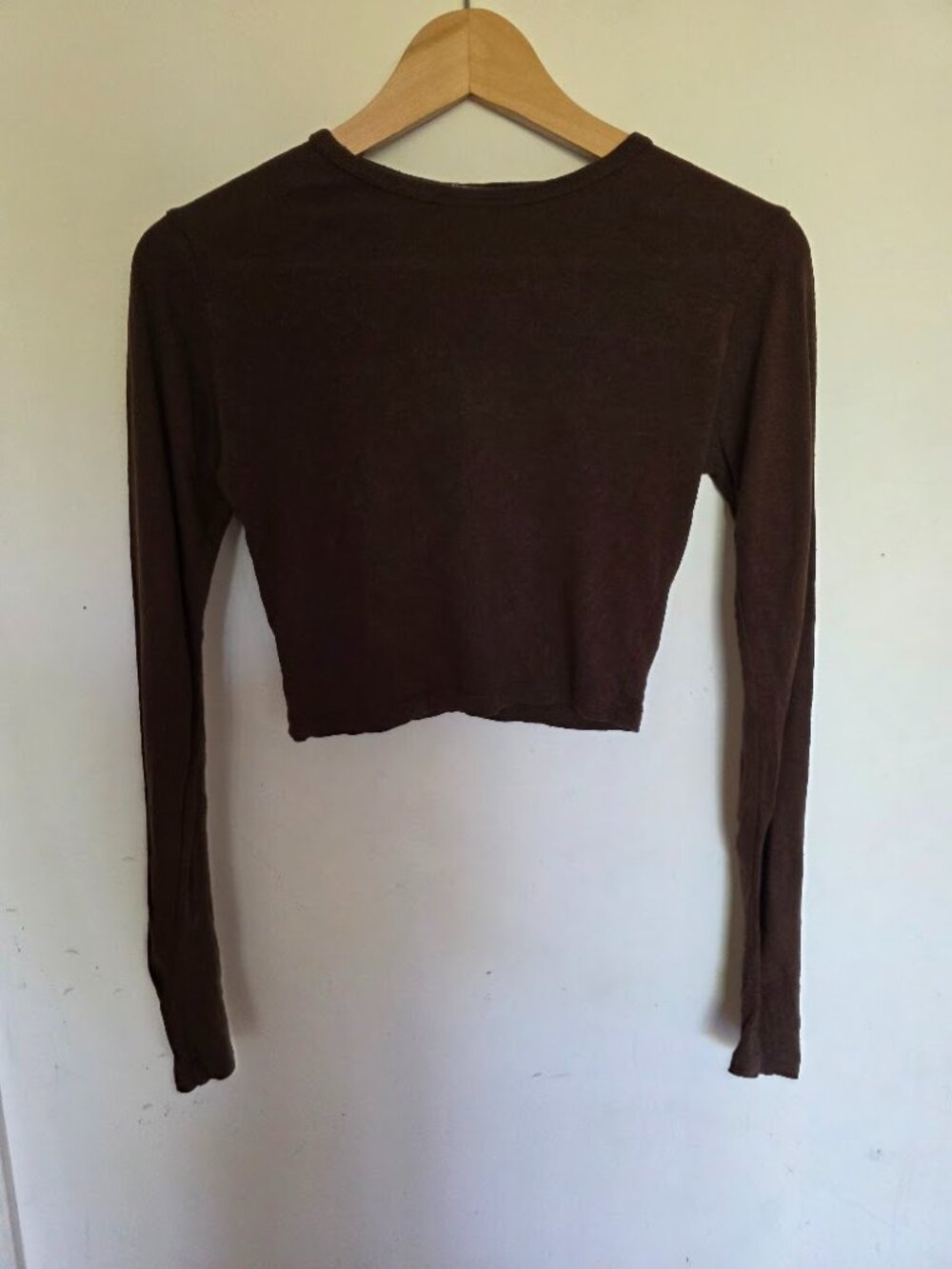 Brown long sleeve cropped Lia Ozma raw silk jersey top. Size small.